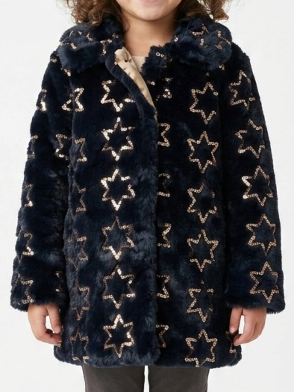 HANNAH BANANA Faux Fur Gold Sequin Star Coat Girls 6 Black